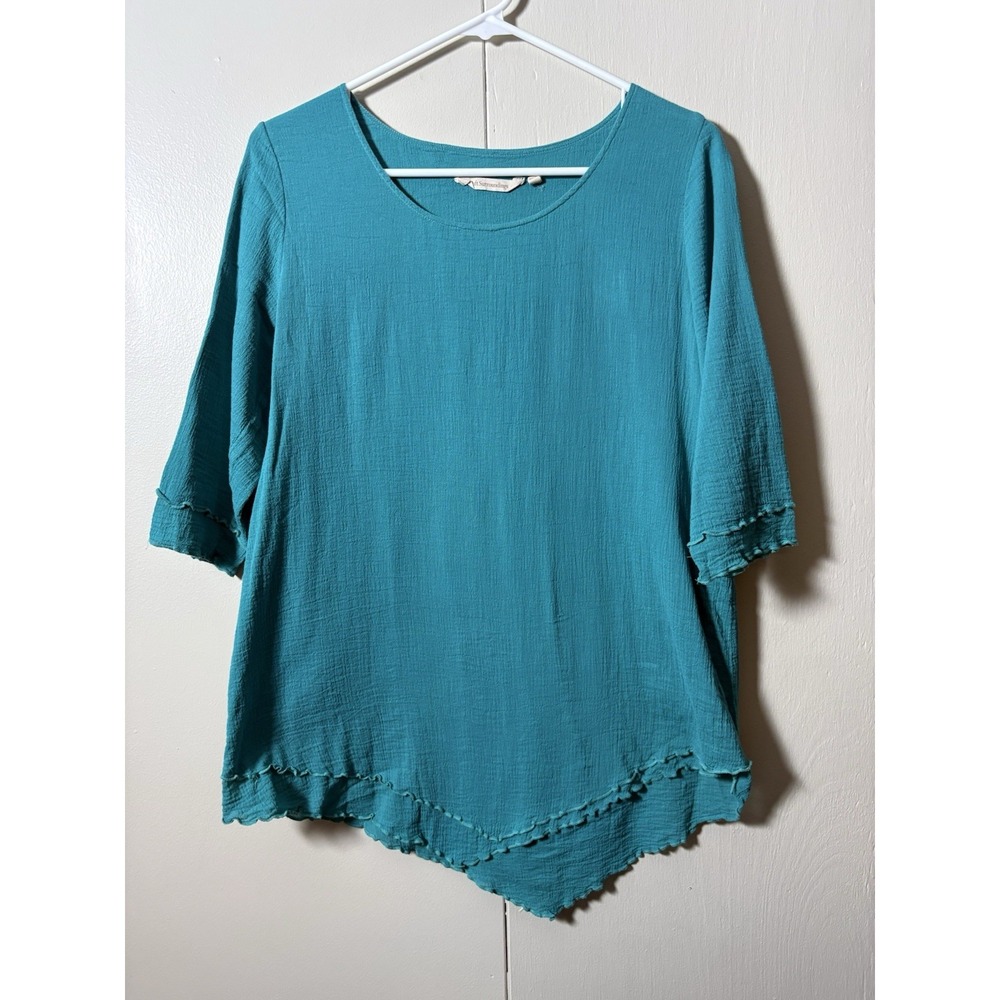 Soft Surroundings Teal Cotton Gauze Top S Asymmetrical Hem Lagenlook Coastal